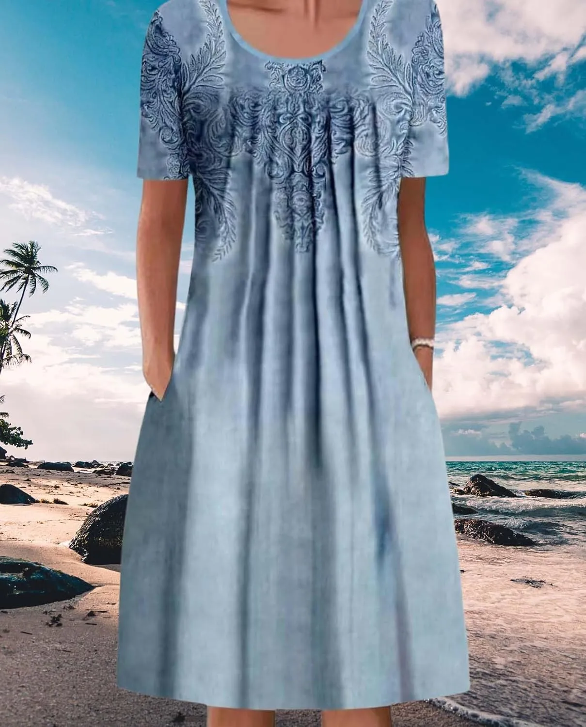 Womens Floral Print Summer Dresses Casual Plus Size Short Sleeve Knee Length Classy Beach Tropical Dress with Pocket