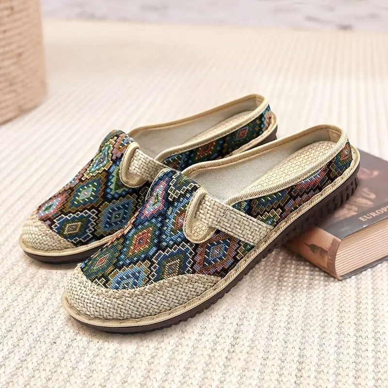Women's Geometric Closed Toe Mules, Round Toe Non-Slip Linen Cloges, Casual Slides Shoes
