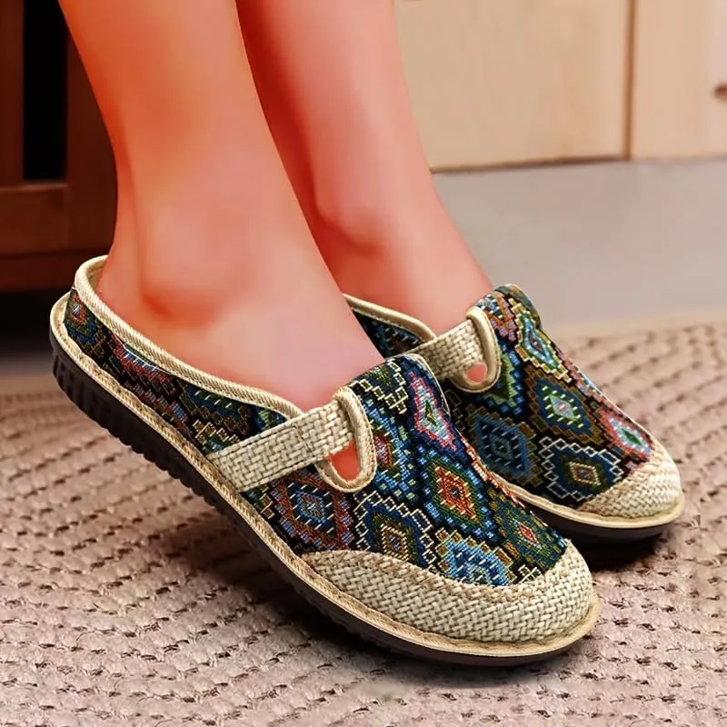Women's Geometric Closed Toe Mules, Round Toe Non-Slip Linen Cloges, Casual Slides Shoes