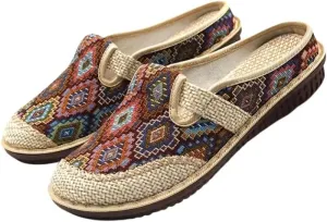 Women's Geometric Closed Toe Mules, Round Toe Non-Slip Linen Cloges, Casual Slides Shoes