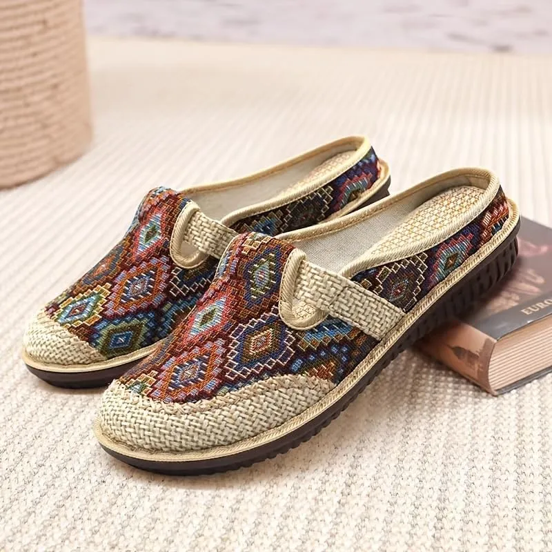 Women's Geometric Closed Toe Mules, Round Toe Non-Slip Linen Cloges, Casual Slides Shoes