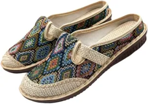 Women's Geometric Closed Toe Mules, Round Toe Non-Slip Linen Cloges, Casual Slides Shoes