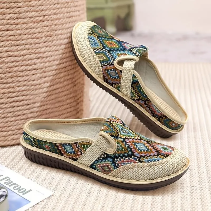 Women's Geometric Closed Toe Mules, Round Toe Non-Slip Linen Cloges, Casual Slides Shoes