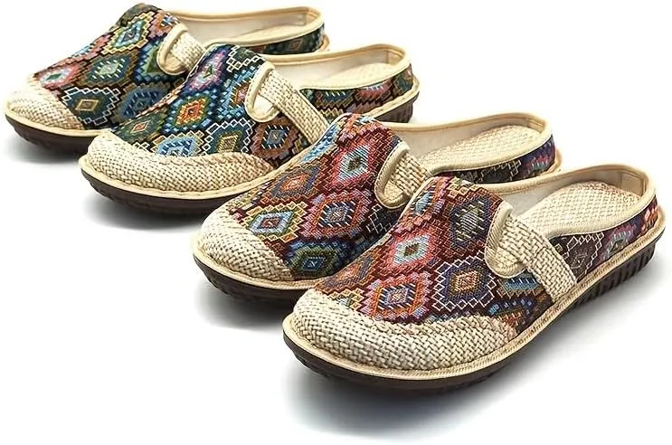 Women's Geometric Closed Toe Mules, Round Toe Non-Slip Linen Cloges, Casual Slides Shoes