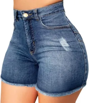 Women's High Waist Denim Shorts Trendy Gradient Frayed Raw Hem Multi-Pocket Jean Street Hip Hop Palazzo Casual Shorts