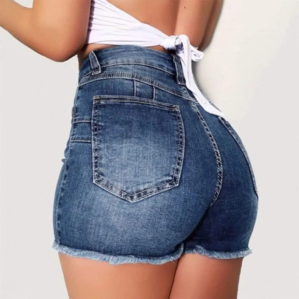 Women's High Waist Denim Shorts Trendy Gradient Frayed Raw Hem Multi-Pocket Jean Street Hip Hop Palazzo Casual Shorts