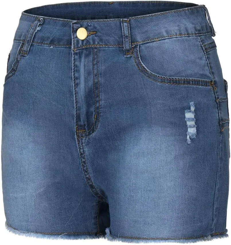 Women's High Waist Denim Shorts Trendy Gradient Frayed Raw Hem Multi-Pocket Jean Street Hip Hop Palazzo Casual Shorts