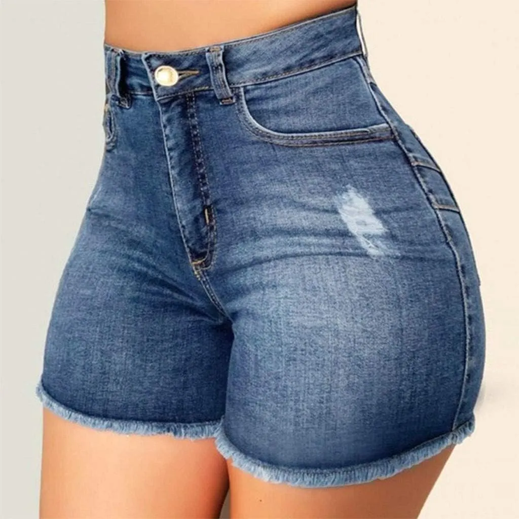 Women's High Waist Denim Shorts Trendy Gradient Frayed Raw Hem Multi-Pocket Jean Street Hip Hop Palazzo Casual Shorts