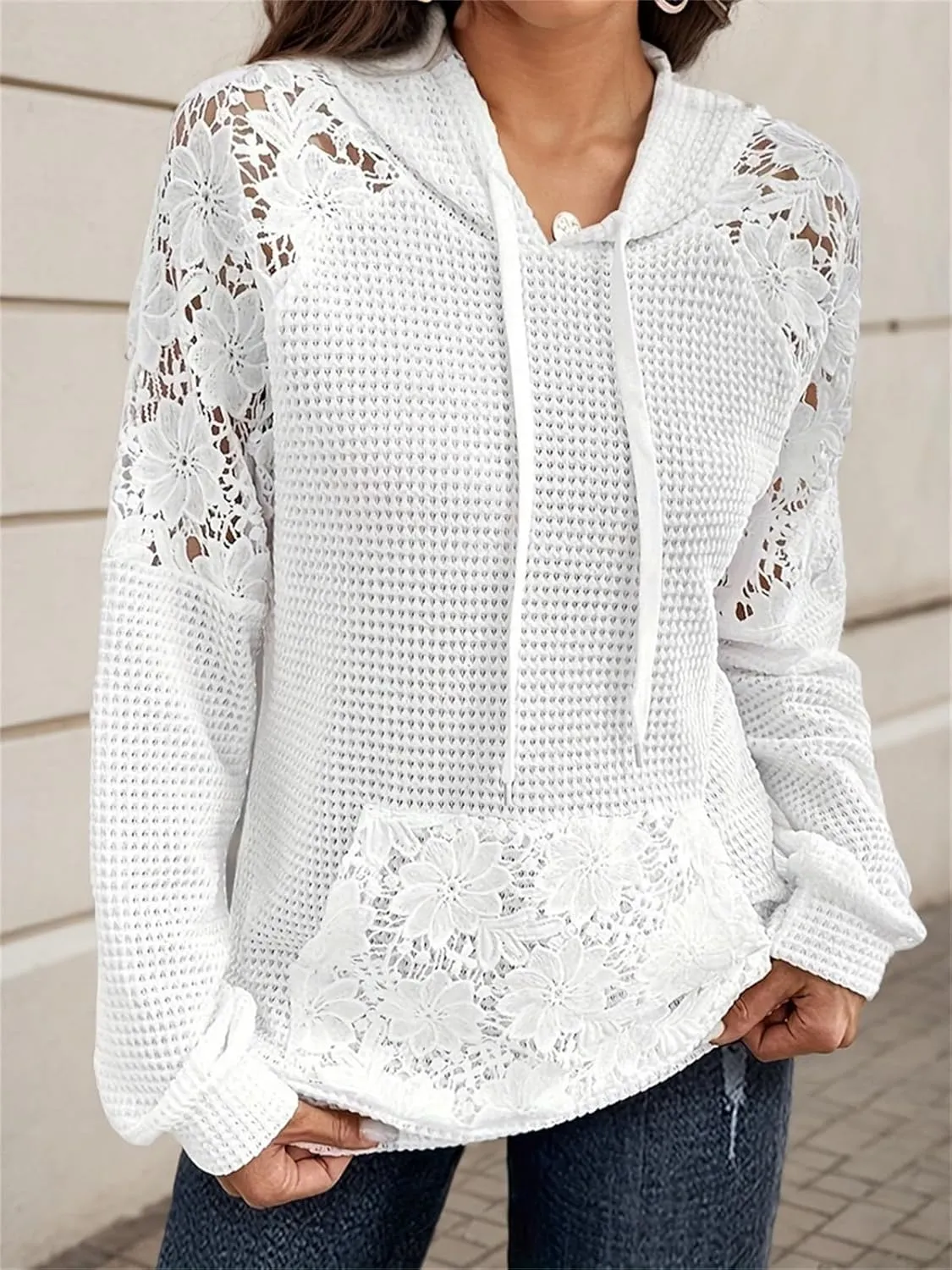 Womens Hollow-out Lace Hoodies Casual Waffle Knit Pullover Tops Drawstring Hooded Sweatshirt Fall Long Sleeve Shirts