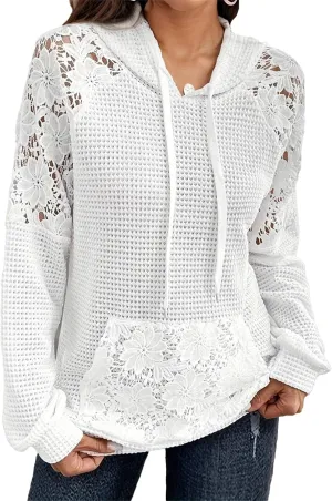 Womens Hollow-out Lace Hoodies Casual Waffle Knit Pullover Tops Drawstring Hooded Sweatshirt Fall Long Sleeve Shirts