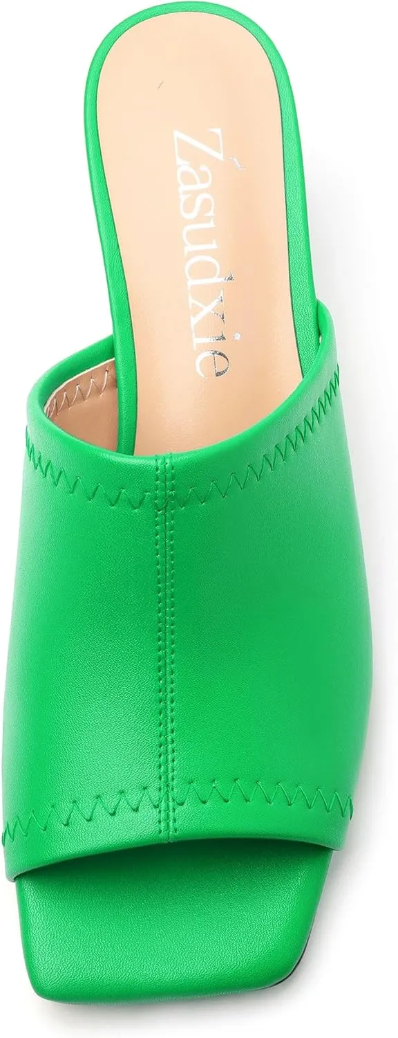 Womens Kitten Heel Open Square Toe Slip-on Sandals Casual Fashion Dress Summer Mules Shoes 2 Inches Heels