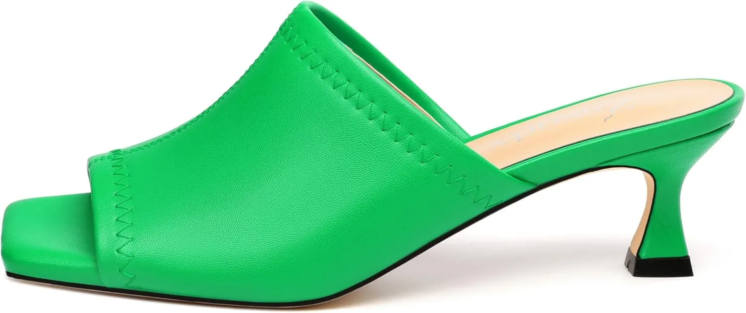 Womens Kitten Heel Open Square Toe Slip-on Sandals Casual Fashion Dress Summer Mules Shoes 2 Inches Heels