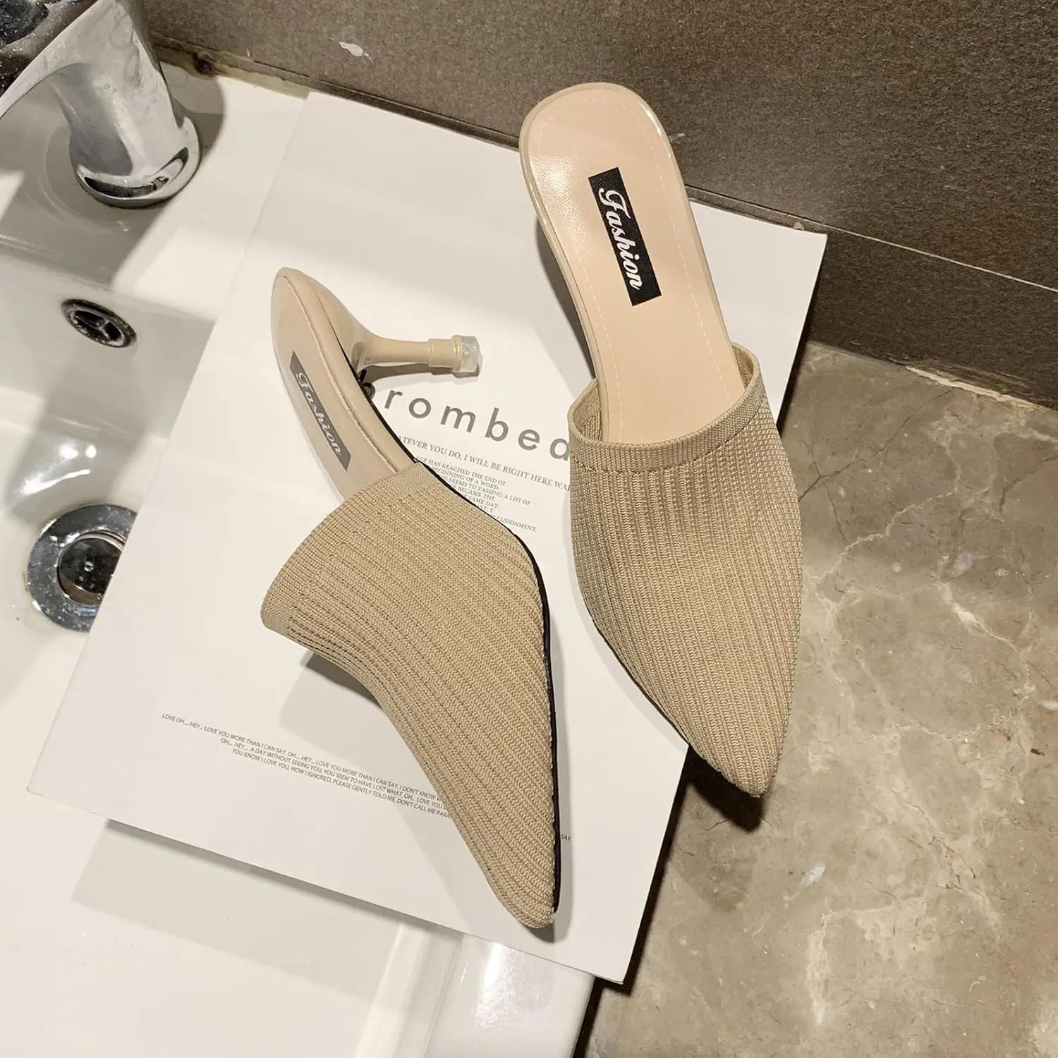 Women's Knit Closed Pointed Toe Kitten Heels Mules Fashion Breathable Mesh Slip On Stiletto Pumps Sandals for Party Prom Date Dressy Slides