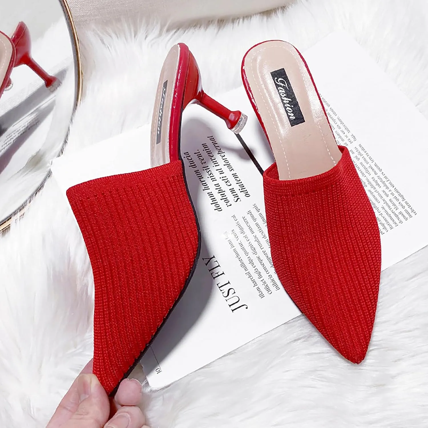 Women's Knit Closed Pointed Toe Kitten Heels Mules Fashion Breathable Mesh Slip On Stiletto Pumps Sandals for Party Prom Date Dressy Slides