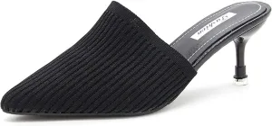 Women's Knit Closed Pointed Toe Kitten Heels Mules Fashion Breathable Mesh Slip On Stiletto Pumps Sandals for Party Prom Date Dressy Slides