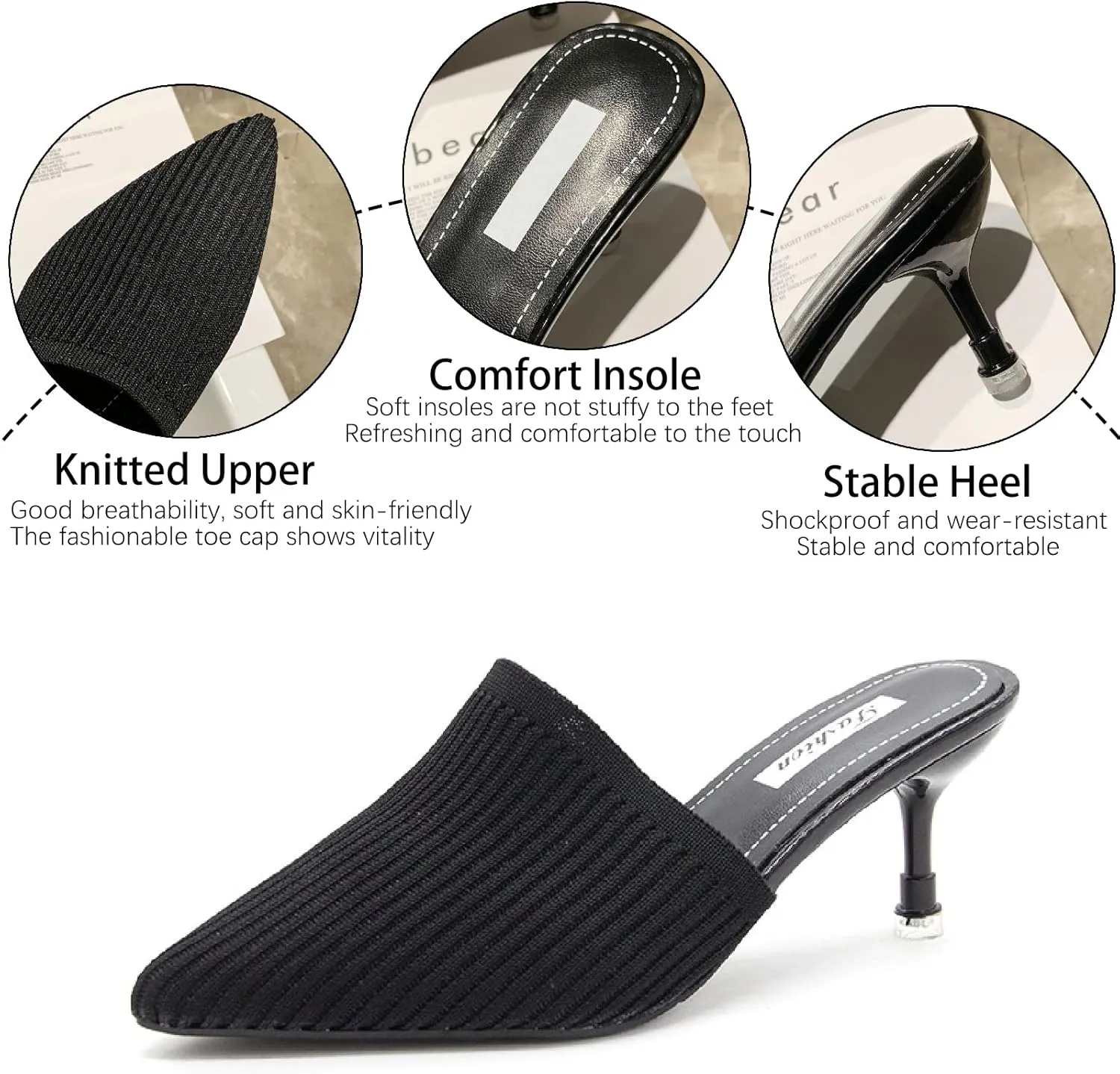 Women's Knit Closed Pointed Toe Kitten Heels Mules Fashion Breathable Mesh Slip On Stiletto Pumps Sandals for Party Prom Date Dressy Slides