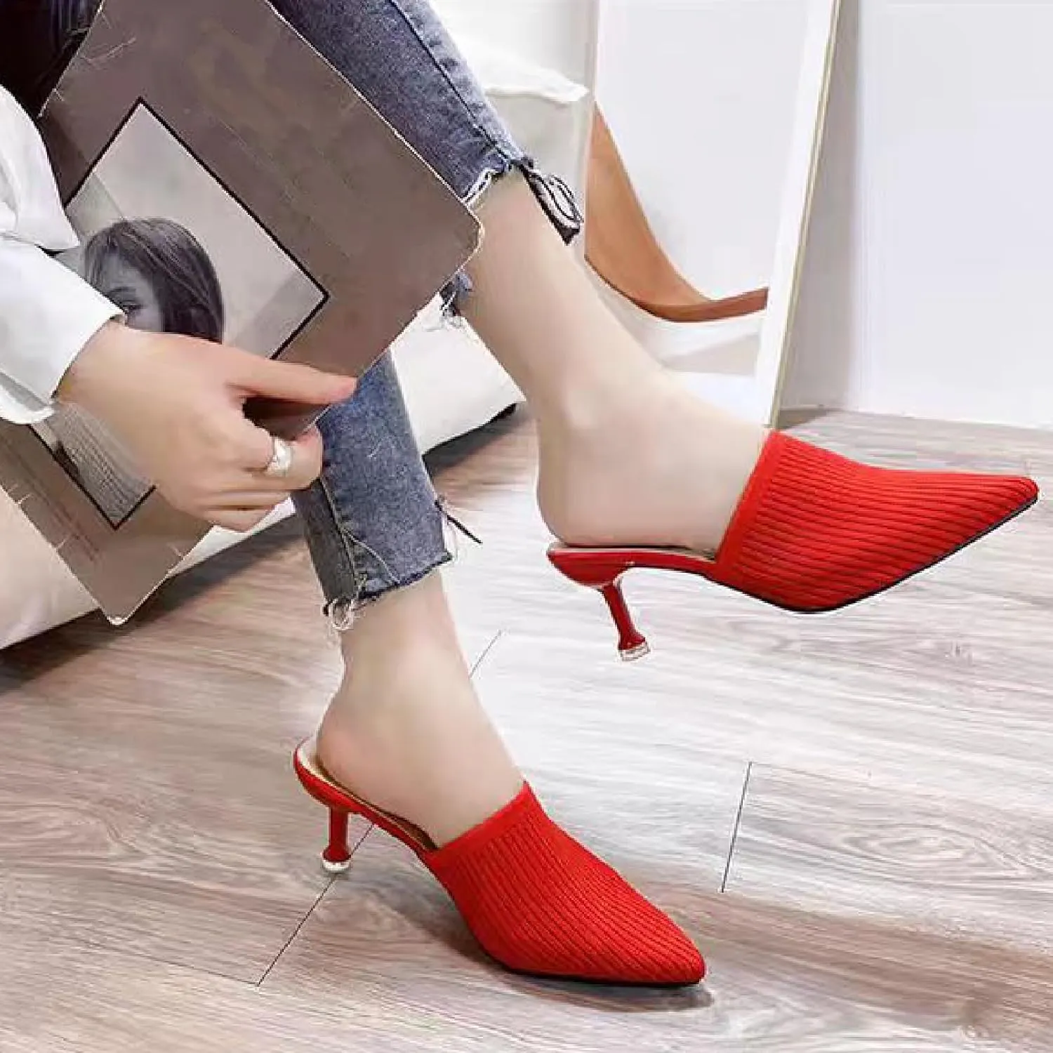 Women's Knit Closed Pointed Toe Kitten Heels Mules Fashion Breathable Mesh Slip On Stiletto Pumps Sandals for Party Prom Date Dressy Slides