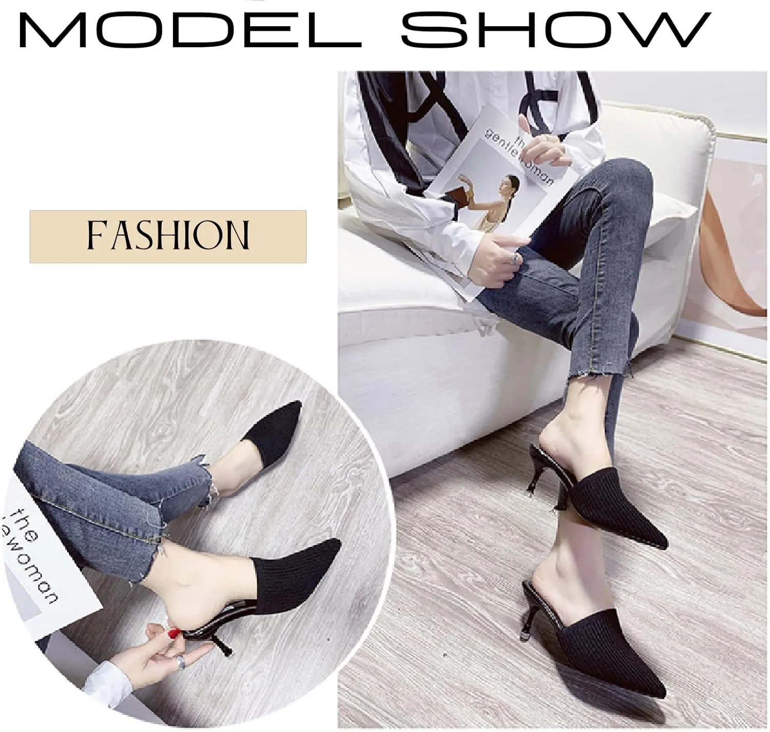 Women's Knit Closed Pointed Toe Kitten Heels Mules Fashion Breathable Mesh Slip On Stiletto Pumps Sandals for Party Prom Date Dressy Slides