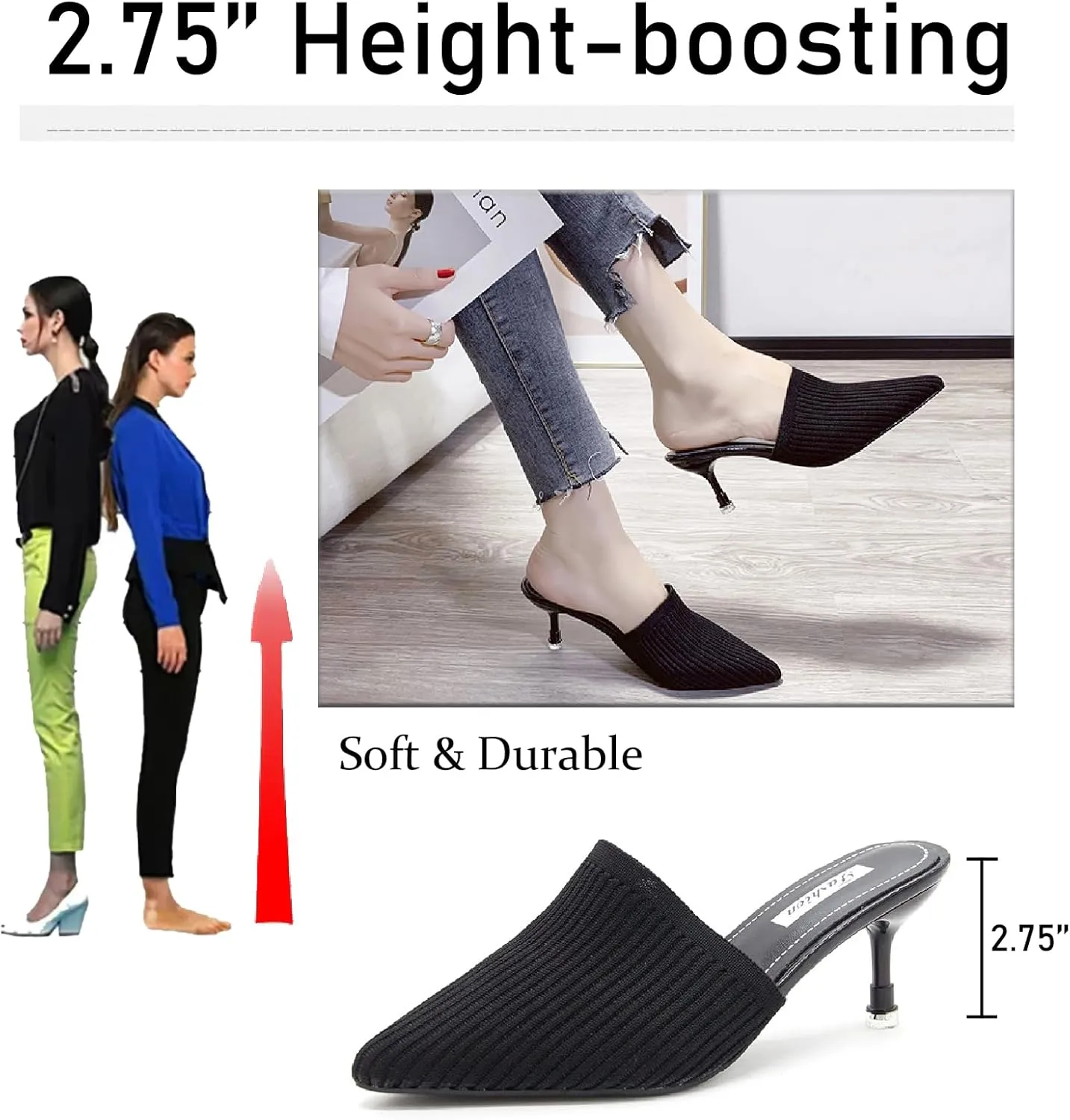 Women's Knit Closed Pointed Toe Kitten Heels Mules Fashion Breathable Mesh Slip On Stiletto Pumps Sandals for Party Prom Date Dressy Slides