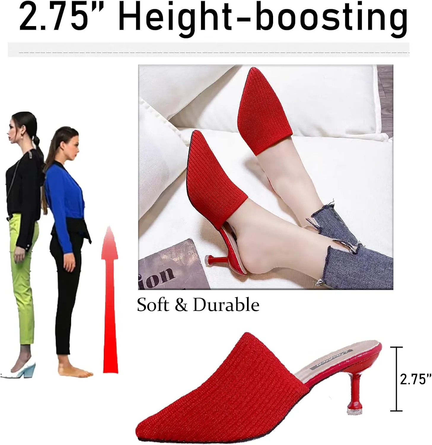 Women's Knit Closed Pointed Toe Kitten Heels Mules Fashion Breathable Mesh Slip On Stiletto Pumps Sandals for Party Prom Date Dressy Slides