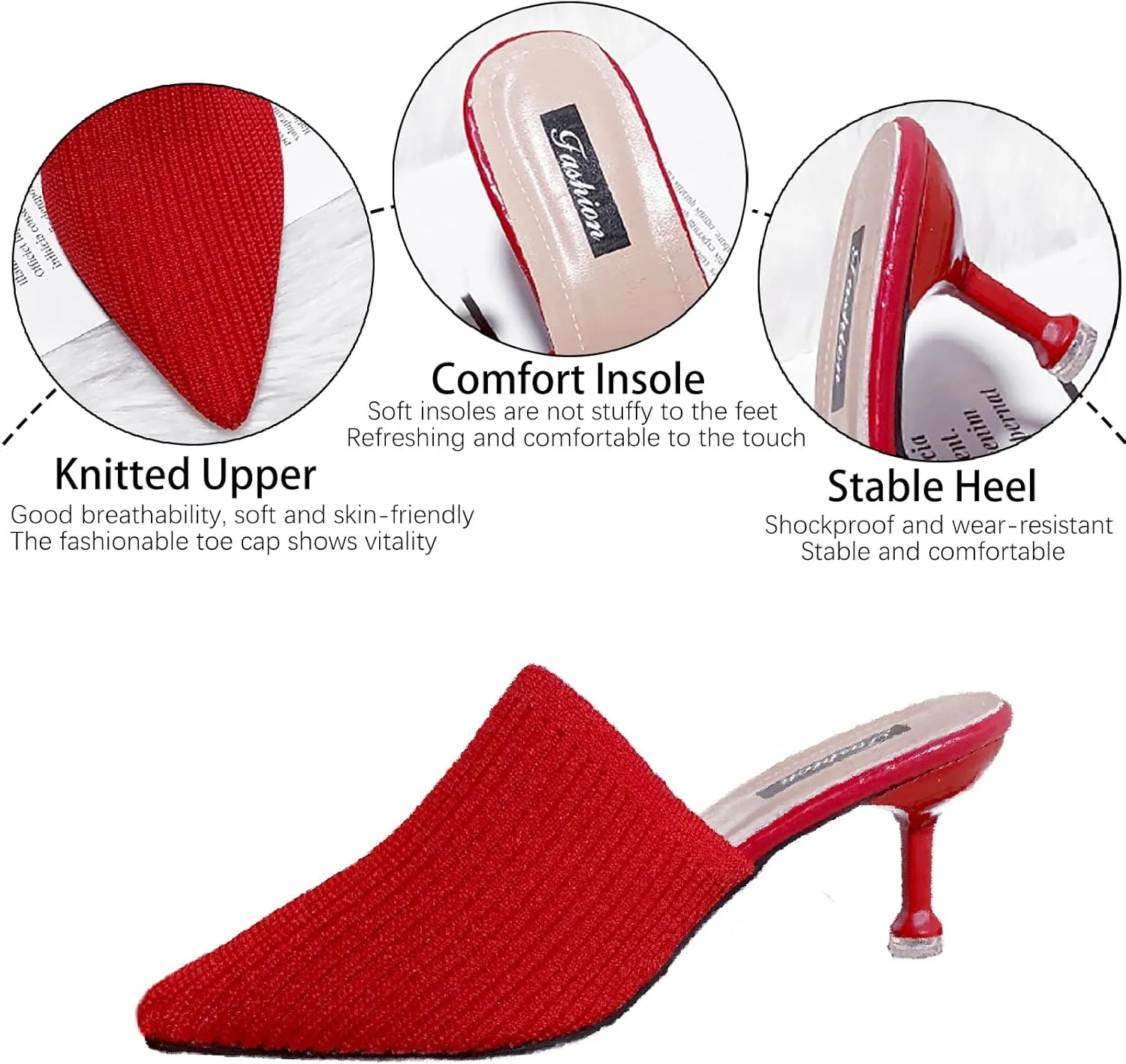 Women's Knit Closed Pointed Toe Kitten Heels Mules Fashion Breathable Mesh Slip On Stiletto Pumps Sandals for Party Prom Date Dressy Slides