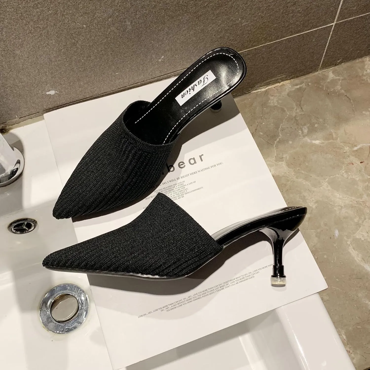Women's Knit Closed Pointed Toe Kitten Heels Mules Fashion Breathable Mesh Slip On Stiletto Pumps Sandals for Party Prom Date Dressy Slides
