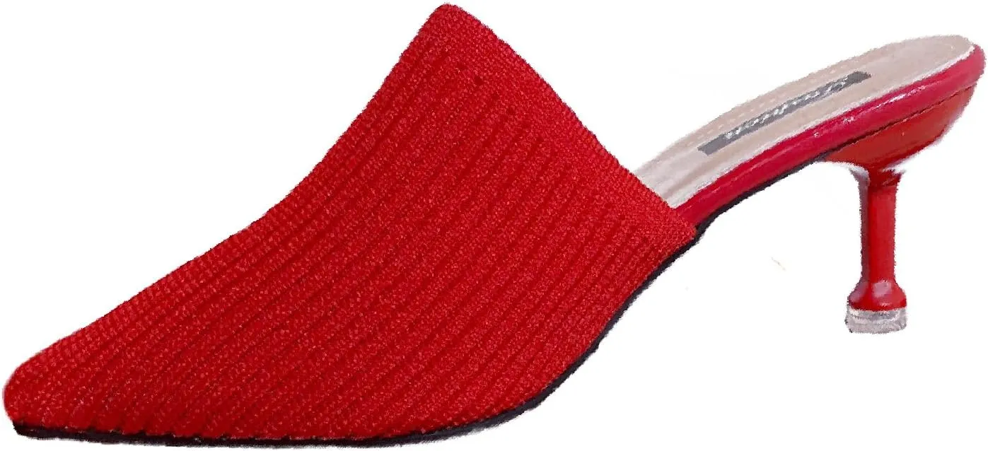 Women's Knit Closed Pointed Toe Kitten Heels Mules Fashion Breathable Mesh Slip On Stiletto Pumps Sandals for Party Prom Date Dressy Slides