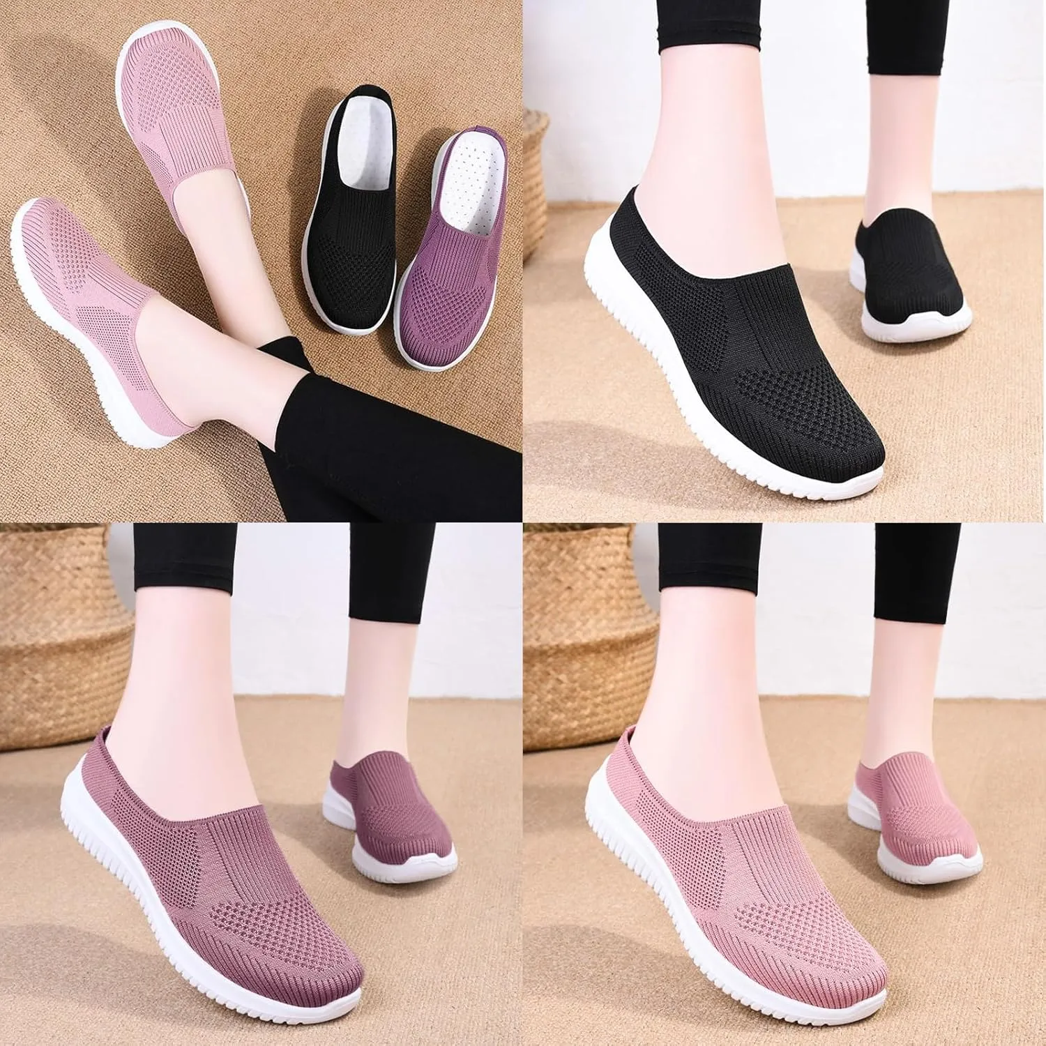 Women's Knitted Mesh Casual Mules,Breathable Lightweight Slip On Slingback Walking Shoes,Comfortable Soft Sole Non-Slip Driving Sneakers Loafer