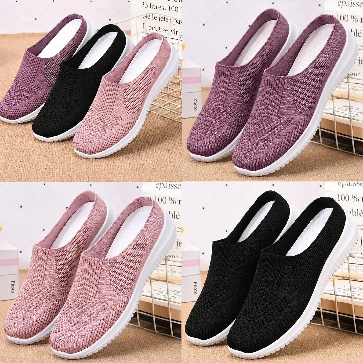 Women's Knitted Mesh Casual Mules,Breathable Lightweight Slip On Slingback Walking Shoes,Comfortable Soft Sole Non-Slip Driving Sneakers Loafer