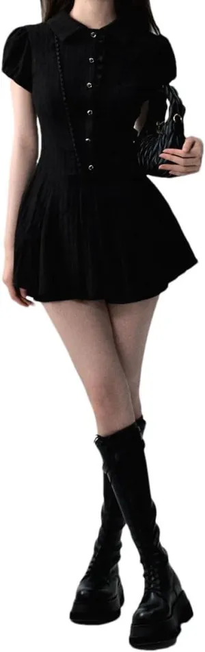 Women’S Lace Trim Shirt Dress Turn Down Collar Short Sleeve Casual Style Puff Sleeve Mini Length A-Line Retro Dresses