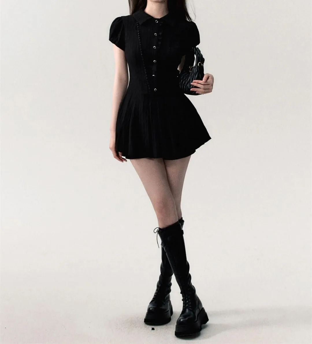 Women’S Lace Trim Shirt Dress Turn Down Collar Short Sleeve Casual Style Puff Sleeve Mini Length A-Line Retro Dresses