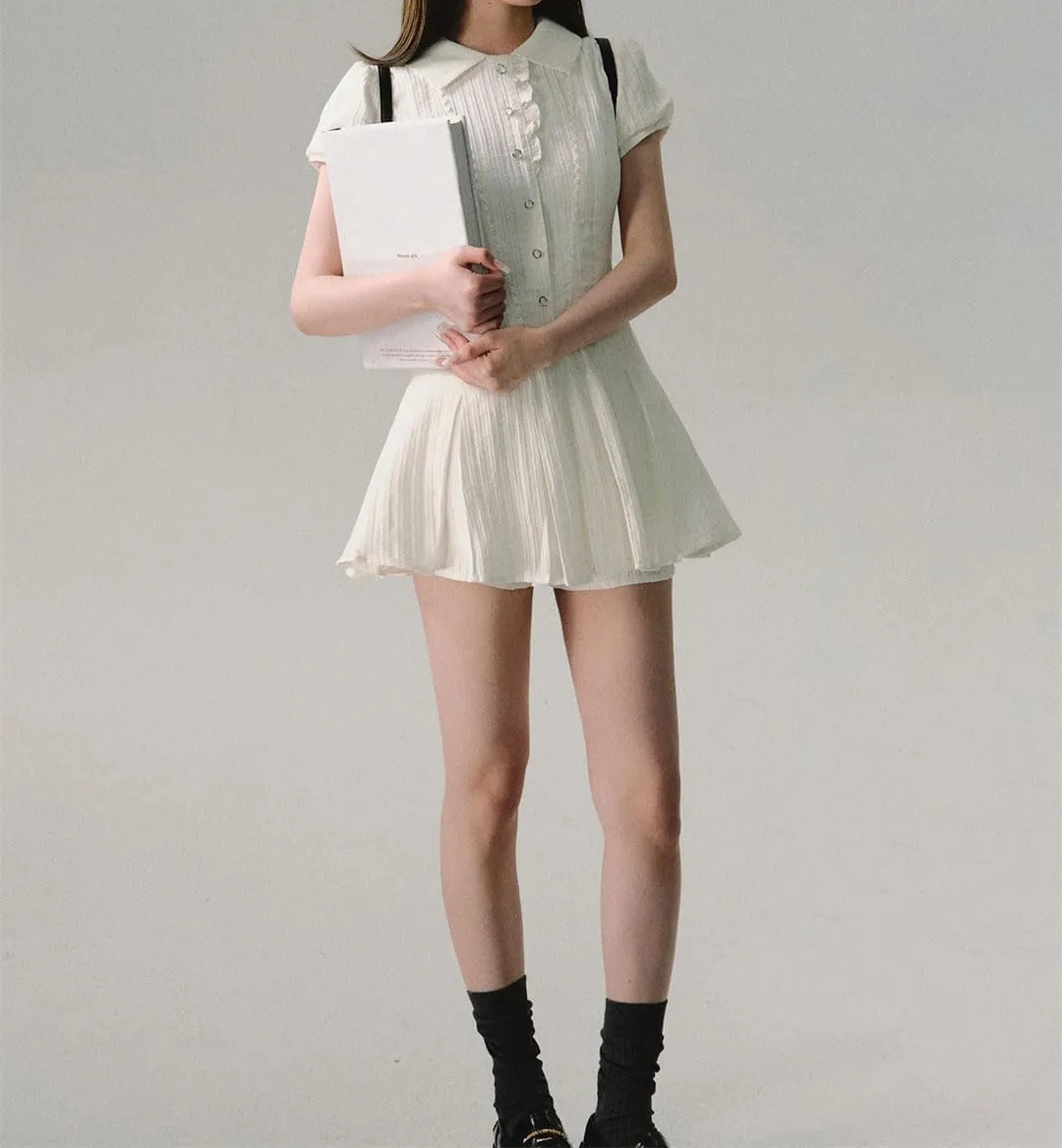 Women’S Lace Trim Shirt Dress Turn Down Collar Short Sleeve Casual Style Puff Sleeve Mini Length A-Line Retro Dresses