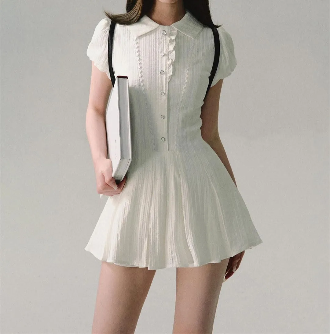Women’S Lace Trim Shirt Dress Turn Down Collar Short Sleeve Casual Style Puff Sleeve Mini Length A-Line Retro Dresses