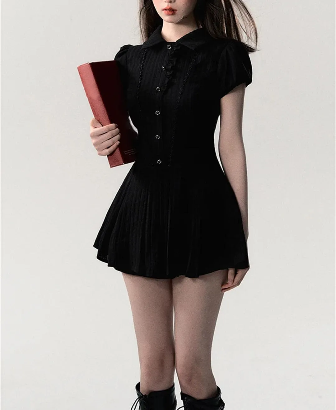 Women’S Lace Trim Shirt Dress Turn Down Collar Short Sleeve Casual Style Puff Sleeve Mini Length A-Line Retro Dresses