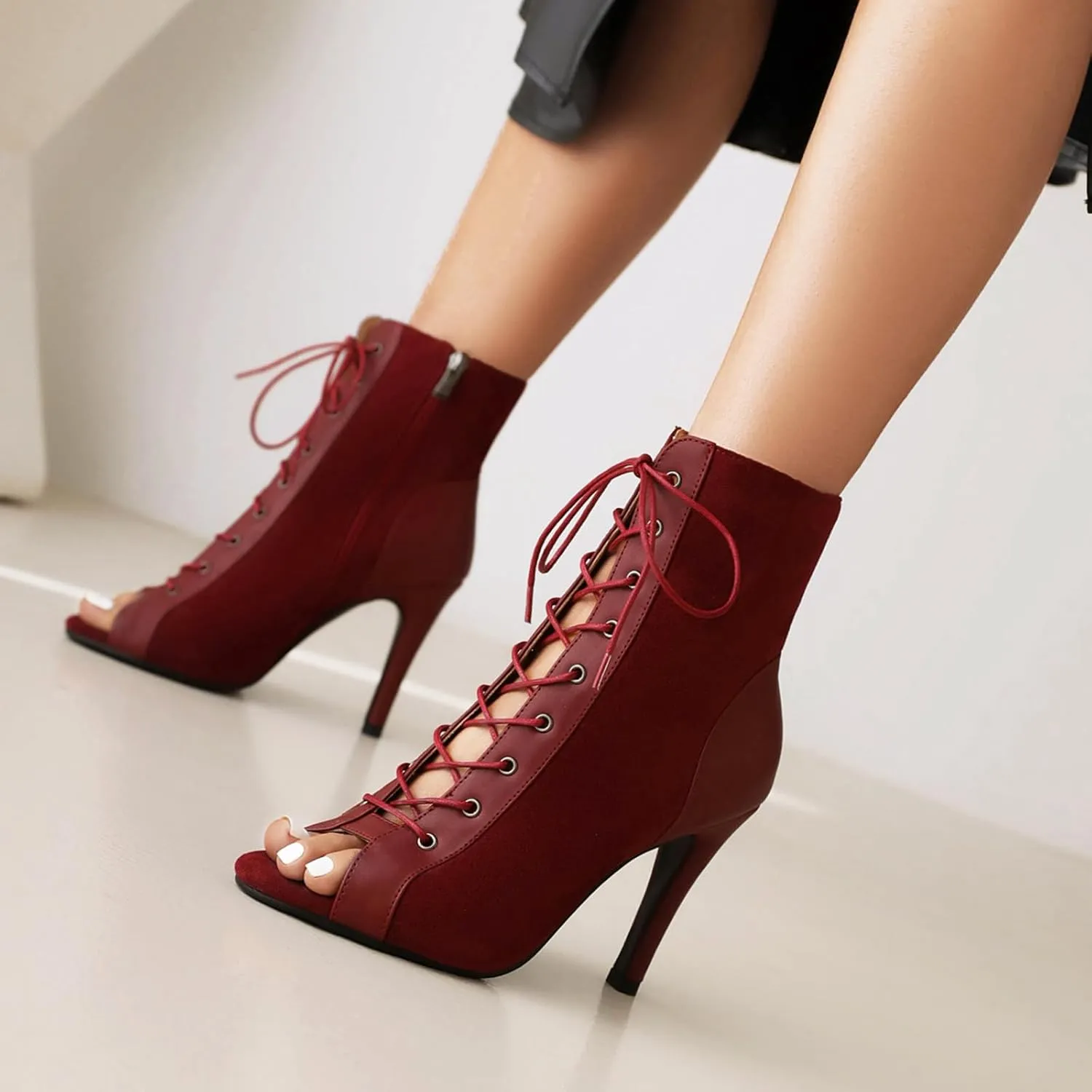 Women's Latin Dance Boots Peep Toe lace-up Ballroom Latin Salsa Ankle Dance Boots
