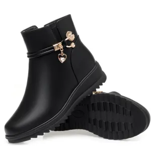 Women's Leather Platform Wedge Heel Ankle Boots Comfortable Round Toe Warm Fur Lining Side Zipper Non-slip Lug Sole Winter Ankle Boots Outdoor Work Walking Snow Boots
