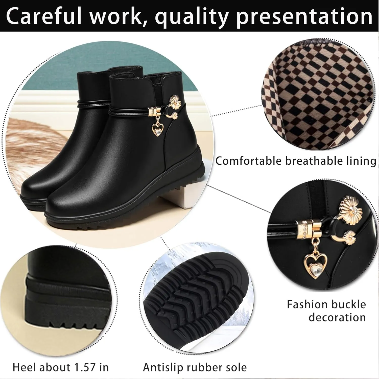 Women's Leather Platform Wedge Heel Ankle Boots Comfortable Round Toe Warm Fur Lining Side Zipper Non-slip Lug Sole Winter Ankle Boots Outdoor Work Walking Snow Boots