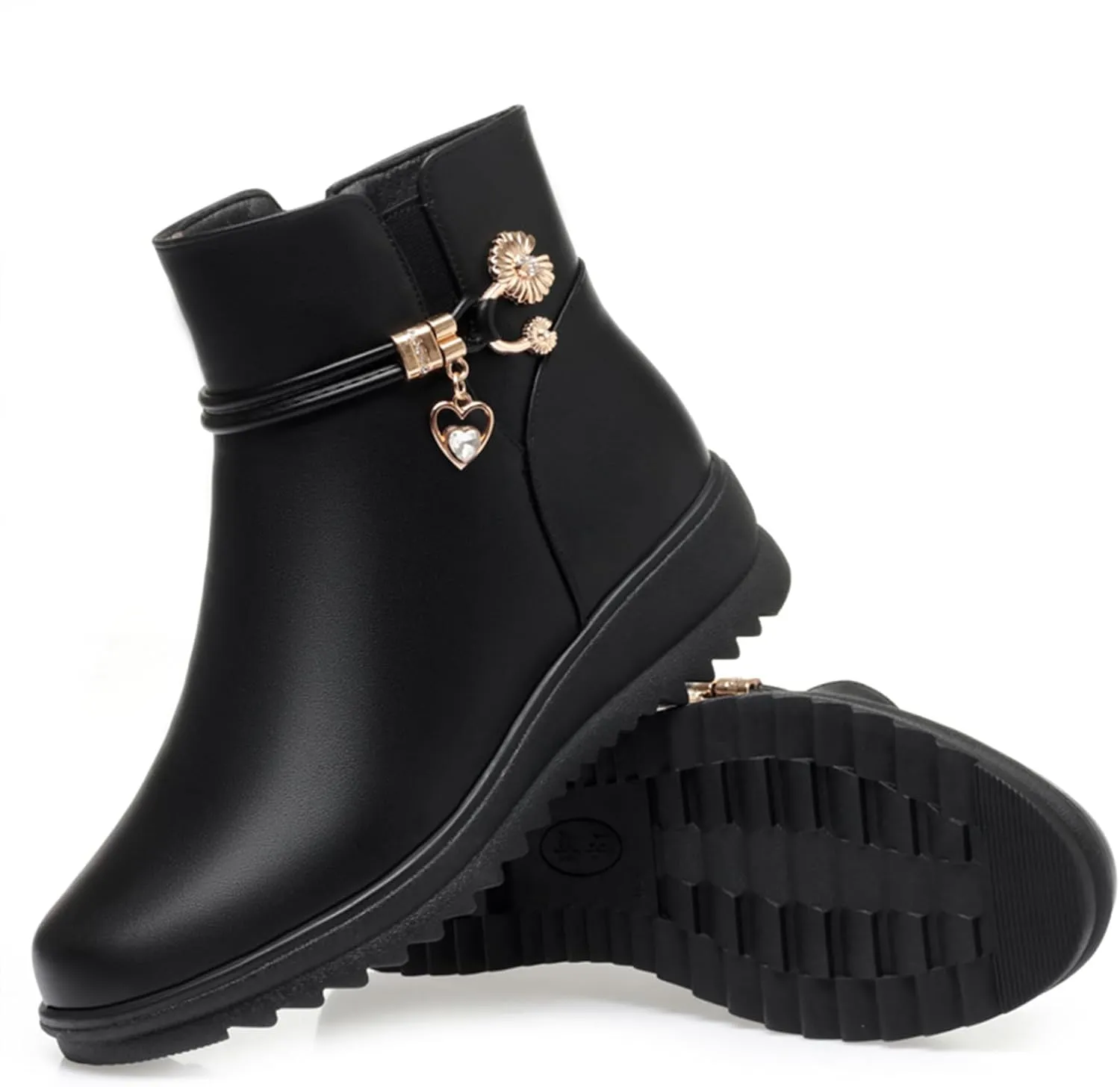 Women's Leather Platform Wedge Heel Ankle Boots Comfortable Round Toe Warm Fur Lining Side Zipper Non-slip Lug Sole Winter Ankle Boots Outdoor Work Walking Snow Boots