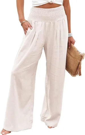 Womens Linen Palazzo Pants Wide Leg Elastic High Waisted Trousers Flowy Loose Long Lounge Comfy Pant with Pocket