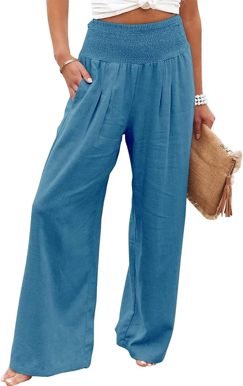 Womens Linen Palazzo Pants Wide Leg Elastic High Waisted Trousers Flowy Loose Long Lounge Comfy Pant with Pocket