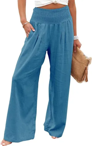 Womens Linen Palazzo Pants Wide Leg Elastic High Waisted Trousers Flowy Loose Long Lounge Comfy Pant with Pocket