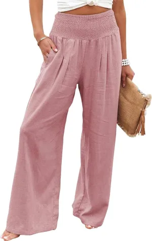 Womens Linen Palazzo Pants Wide Leg Elastic High Waisted Trousers Flowy Loose Long Lounge Comfy Pant with Pocket