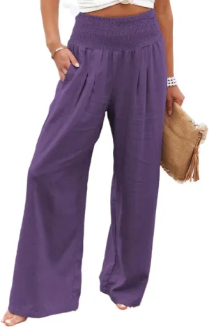 Womens Linen Palazzo Pants Wide Leg Elastic High Waisted Trousers Flowy Loose Long Lounge Comfy Pant with Pocket