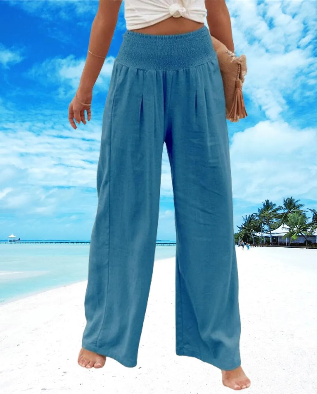 Womens Linen Palazzo Pants Wide Leg Elastic High Waisted Trousers Flowy Loose Long Lounge Comfy Pant with Pocket