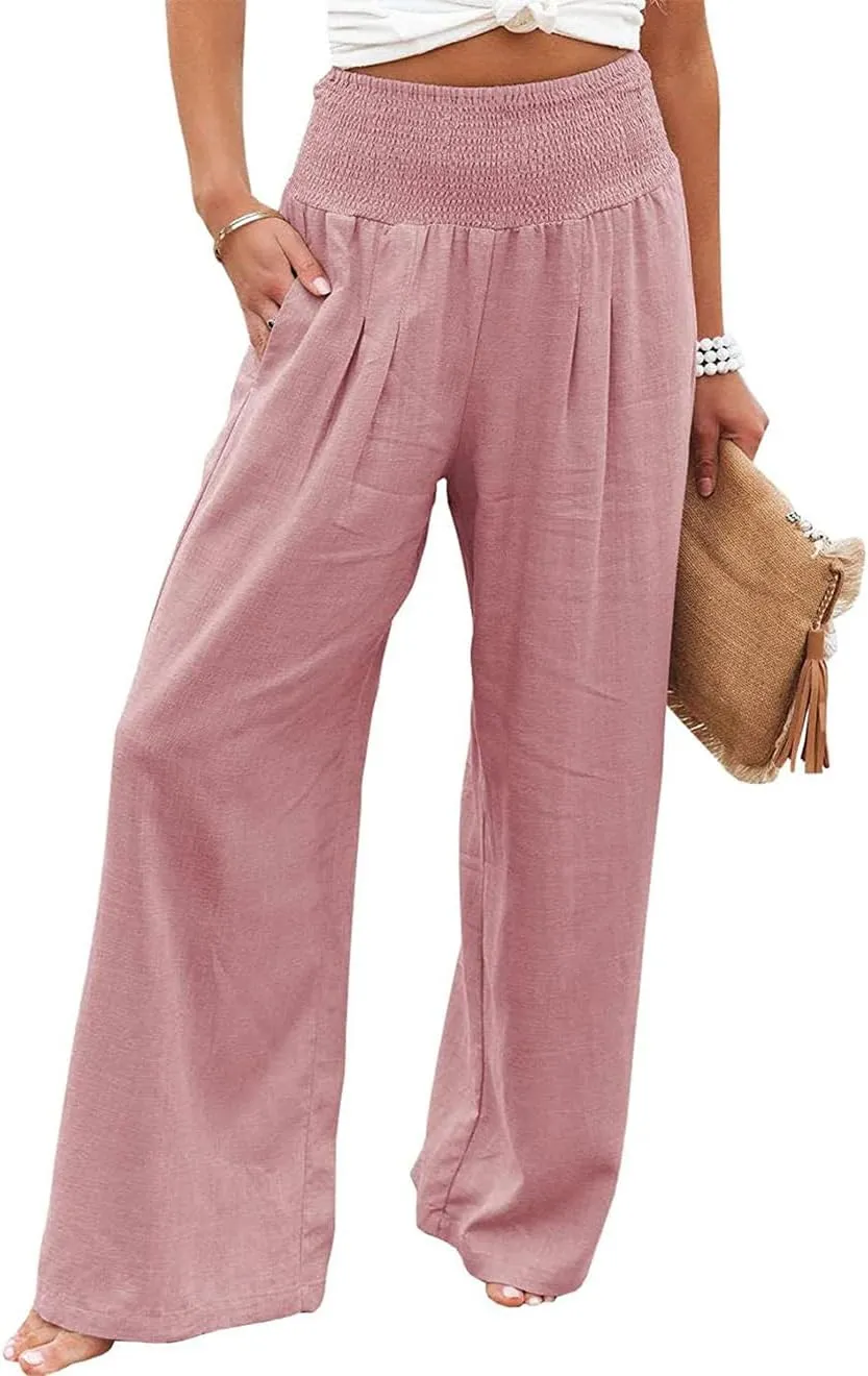 Womens Linen Palazzo Pants Wide Leg Elastic High Waisted Trousers Flowy Loose Long Lounge Comfy Pant with Pocket