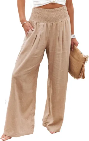 Womens Linen Palazzo Pants Wide Leg Elastic High Waisted Trousers Flowy Loose Long Lounge Comfy Pant with Pocket