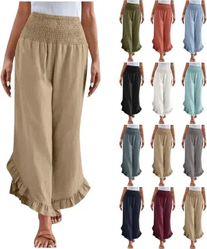 Womens Linen Pants Summer Wide Leg Pants Smocked Waist Ruffle Hem Palazzo Pant Flowy Beach Vacation Clothes with Pocket