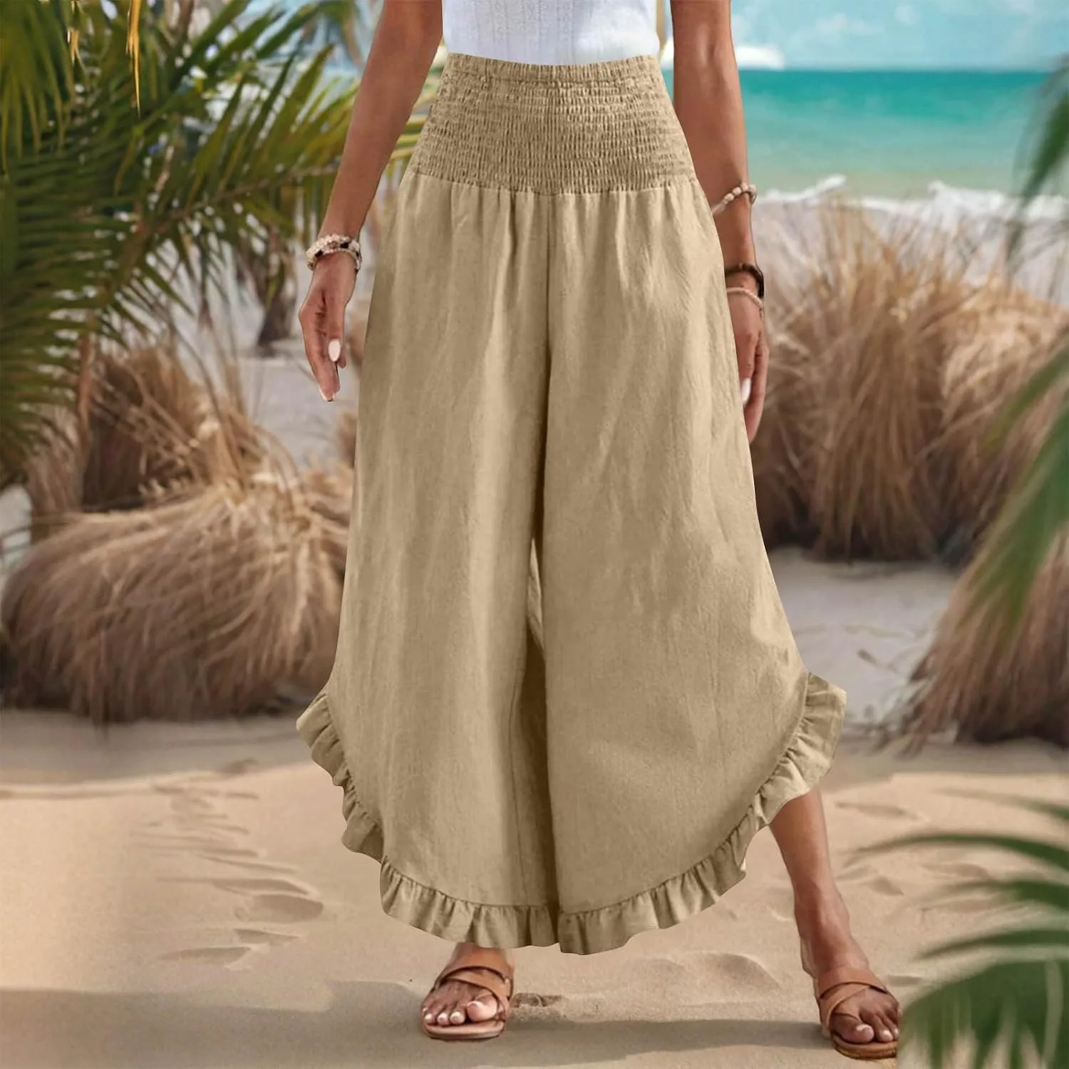 Womens Linen Pants Summer Wide Leg Pants Smocked Waist Ruffle Hem Palazzo Pant Flowy Beach Vacation Clothes with Pocket