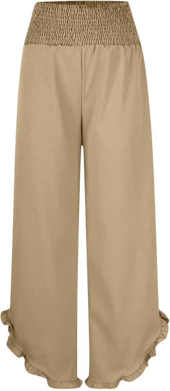 Womens Linen Pants Summer Wide Leg Pants Smocked Waist Ruffle Hem Palazzo Pant Flowy Beach Vacation Clothes with Pocket