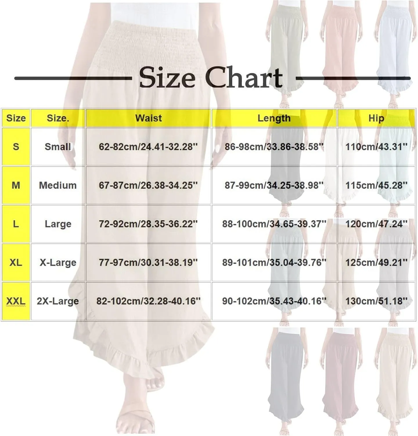 Womens Linen Pants Summer Wide Leg Pants Smocked Waist Ruffle Hem Palazzo Pant Flowy Beach Vacation Clothes with Pocket